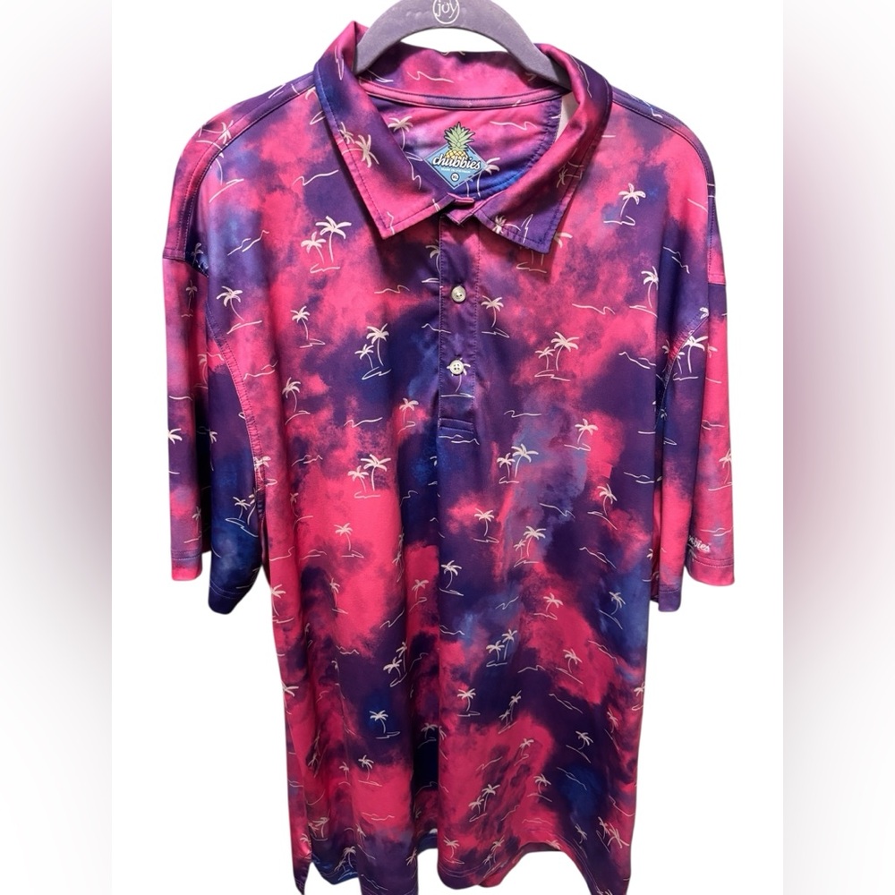 Chubbies Performance Bamboo Galaxy Palm Trees Polo Golf Shirt XL Sz Pink Purple